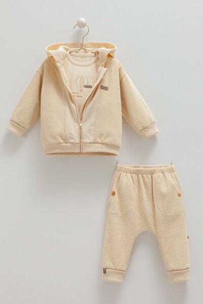 Caramell Soft Style Boy Hooded Triple Knitwear Bottom Top Set Beige