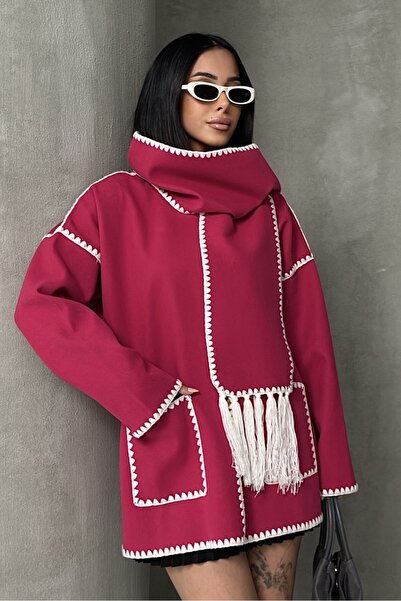 ALFUDO Moda Collection Embroidered soft knit cardigan jacket with scarf detail - fuchsia