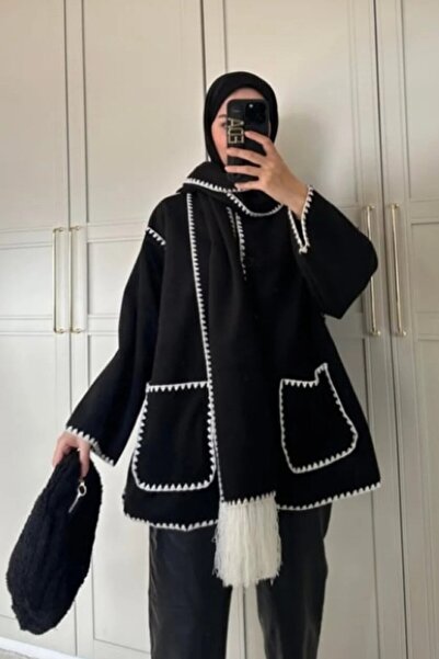 ALFUDO Moda Collection Nakış Detaylı Atkılı Yumuşak Kaşe Kaban - Ceket