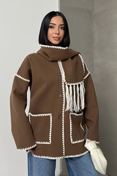 ALFUDO Moda Collection Embroidery Detailed Scarf-Styled Soft Knit Cardigan Jacket Black