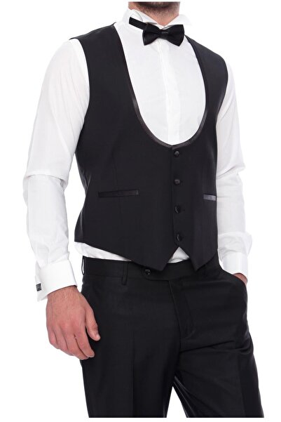 Efor Slim Fit Saten Biyeli Siyah Damatlık Smokin Yelek Y 120