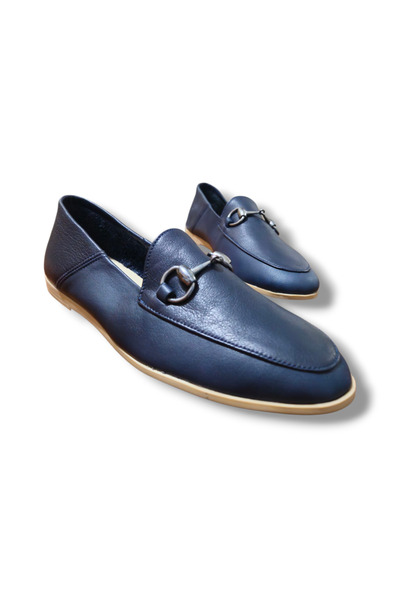 BARONES SHOES Navy Blue Genuine Leather Women's Loafer