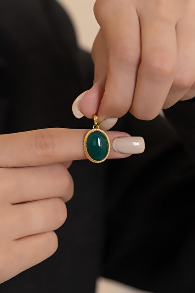 Bayar Gold 14 Ayar Altın Yeşil Akik Taşlı Oval Orta Boy Kolye Ucu