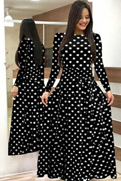 Viyamo Women's black full length white polka dot dress