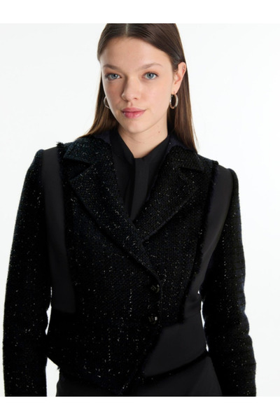 Zühre Women's Tweed Patterned Jacket Skirt Two-Piece Black Set Tk-1661