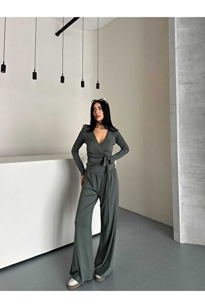 Lovely butik Women's Double Breasted Collar Tie-Up Long Sleeve Blouse and Wide-Let Pants Two-Piece Set
