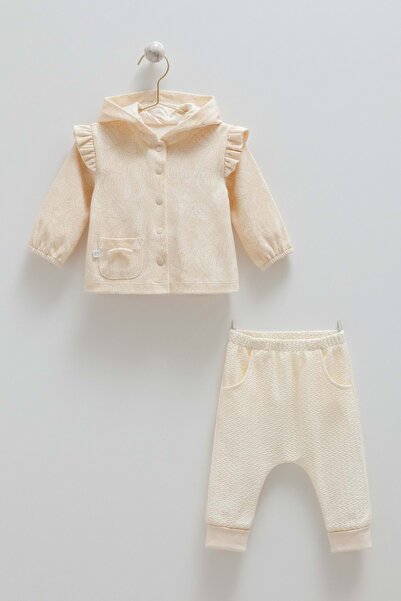 Caramell Tiny Lace Hooded Double Bottom Top Set Beige