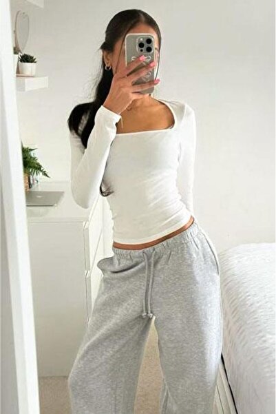 Seeh بدلة نسائية بياقة مربعة بيضاء وأكمام طويلة SH202