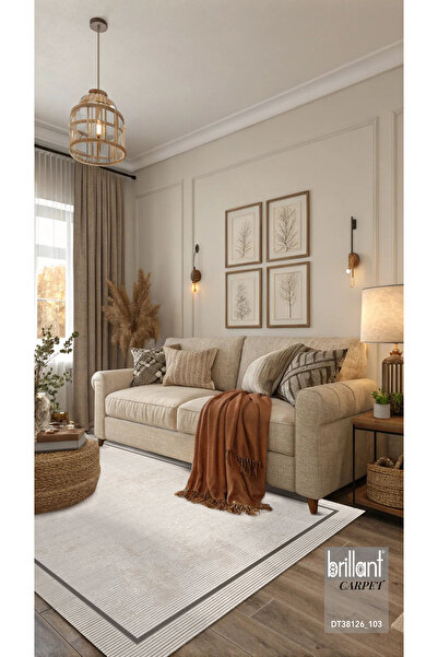 Brillant Bej Renk Geometrik Desen Kaymaz Taban Yolluk Halı