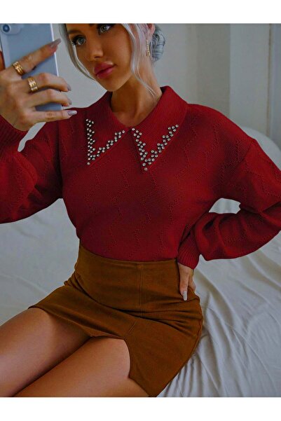 SAYZEN Stone Embroidered Shirt Collar Knitwear Sweater