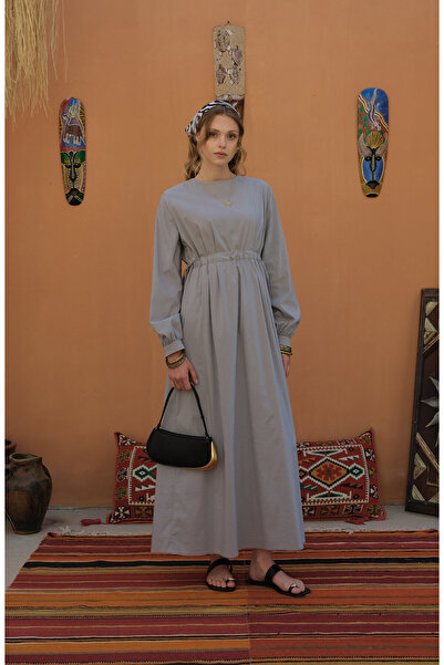 Fatma Atasoy Tünel Büzgülü Gri Pamuk Elbise