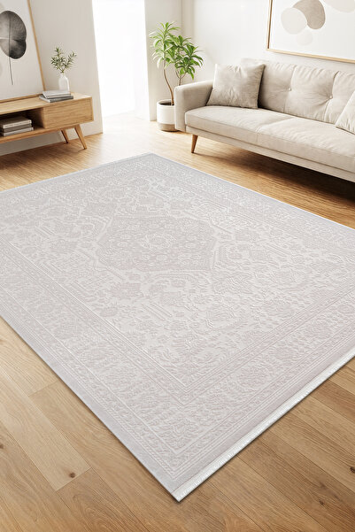 Karmen Halı Jade JD006W Beyaz Halı Klasik Desenli Triko Akrilik Pamuk Tabanlı Kaymaz Salon Yatak Odası Halısı
