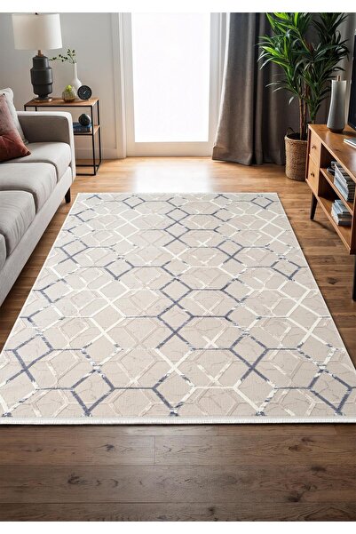 Cotto Home Armada AD001M Gri Halı Mavi Geometrik Detaylı Akrilik Tozu Az Salon Halısı Yatak Odası Karidor
