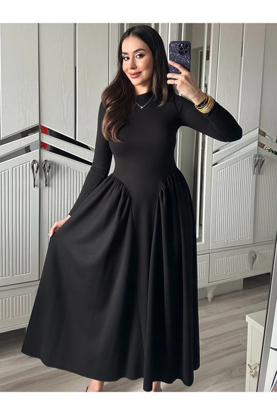 AB LOOKS Kadın Siyah Modal Kumaş Pamuk Korse Görünümlü Uzun Kollu Kloş Çan Uzun Elbise Yeni Sezon
