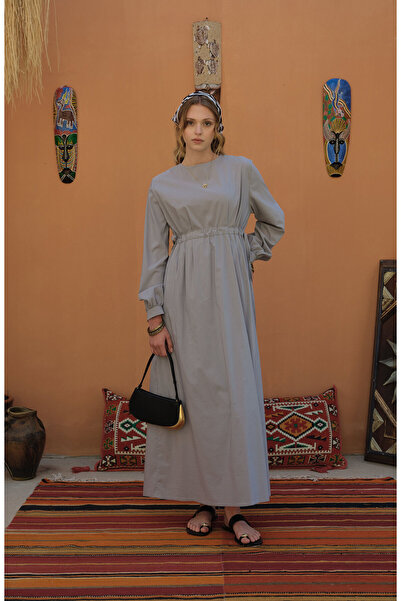 Fatma Atasoy Tünel Büzgülü Gri Pamuk Elbise