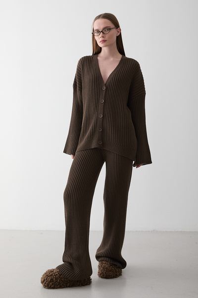 Laluvia Кафяв комплект от плетен кардиган - 4600