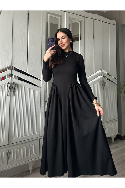 AB LOOKS Kadın Siyah Modal Kumaş Pamuk Korse Görünümlü Uzun Kollu Kloş Çan Uzun Elbise Yeni Sezon