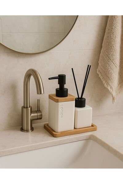 sahane & bazaar AHŞAP TEPSİLİ SABUNLUK VE KOKULUK BANYO TAKIMI BANYO DÜZENLEYİCİ