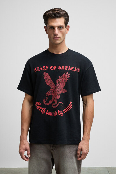 GRIMELANGE Gusi Men's Front Flared Printed 100% Organic Cotton Oversize Fit Crew Neck Black T-Shirt