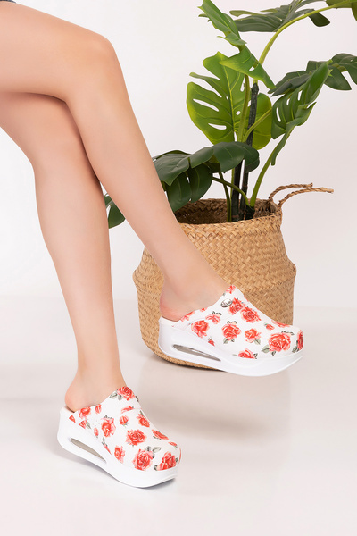 Nur Ortopedi Women's Red Rose Patterned Closed Airmax Orthopedic Sabo Cook Doctor Nurse Hospital Slippers