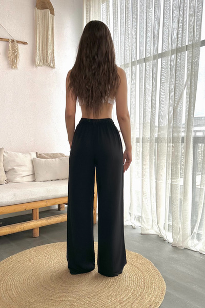 BİKELİFE Kadın Keten Beli Lastik Bağlamalı Yüksek Bel Geniş Kesim Cepli Yazlık Pantolon