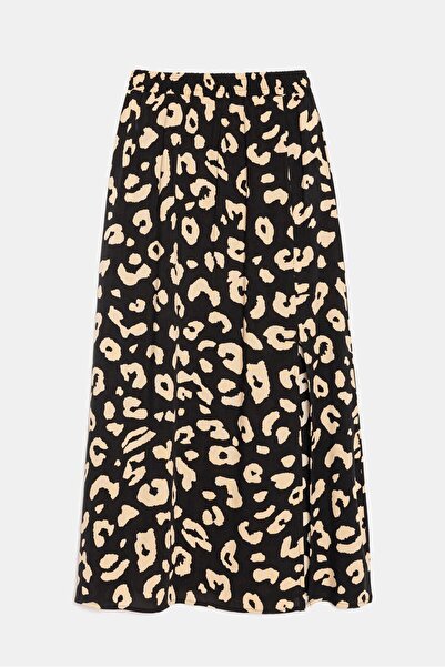 Saade Siyah Kadın A Kesim Beli Lastikli Desenli Yırtmaçlı Midi Dokuma Etek - ...