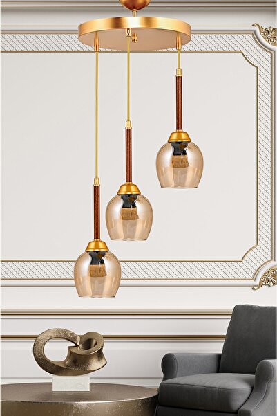 DEDE Üçlü Tepsili Sarkıt Avize Ceviz Bal Camlı