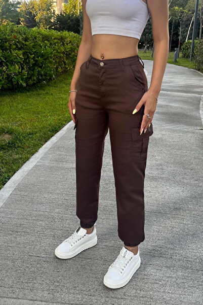 BİKELİFE Hnědé kalhoty z látky Gabardine - s kapsou na náklad