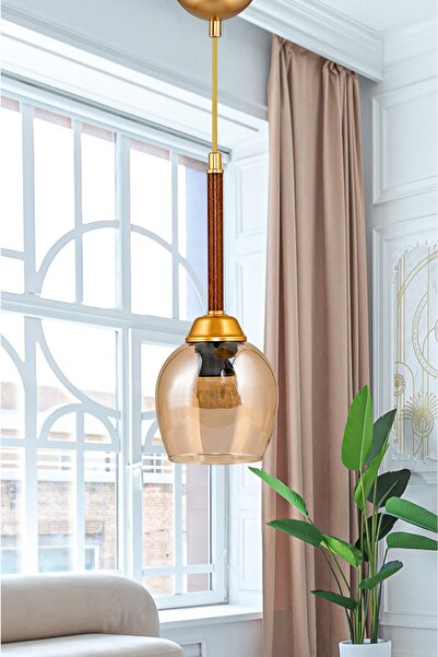 Genel Markalar Ceviz ve gold detaylı şık tekli sarkıt lamba, bal camlı, moder...