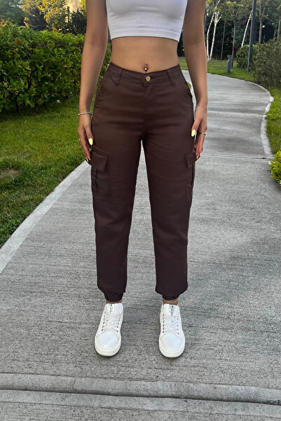 BİKELİFE Hnědé kalhoty z látky Gabardine - s kapsou na náklad