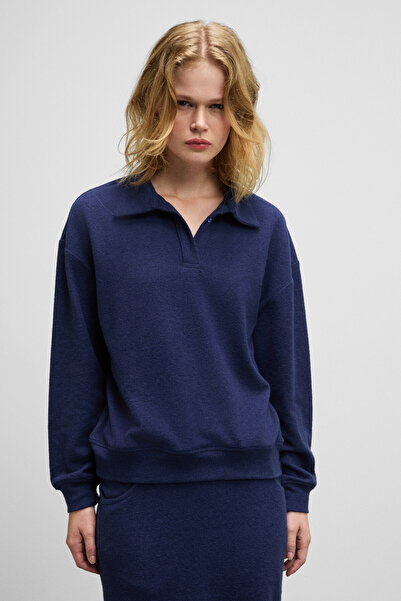 GRIMELANGE Silken Women's Soft and Flexible Fabric Polo Collar Navy Blue Sweatshirt