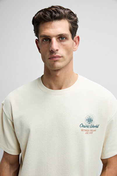 GRIMELANGE Oniric Men's Chest and Back Printed 100% Organic Cotton Oversize Fit Crew Neck Cream T-Shirt