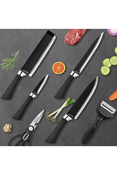 Everrich Mastercook 6 Piece Kitchen Set - 4 Premium Knives, Peeler & Multifunctional Scissors, Black