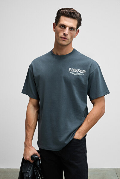 GRIMELANGE Vortex Men's Embroidered Chest and Printed Back 100% Organic Cotton Oversize Fit Crew Neck Anthracite T-Shirt