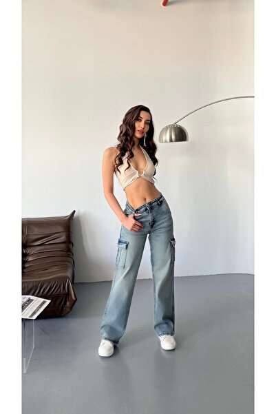 BİKELİFE Vintage-Cargohose für Damen mit hoher Taille - Blasser Effekt, weites Bein