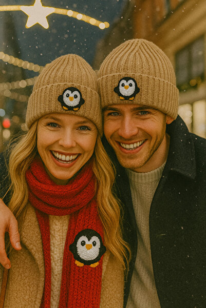 byebruketenci Dark Cream Beige Wool Beret Penguin Punch Luxury Beret Patterned