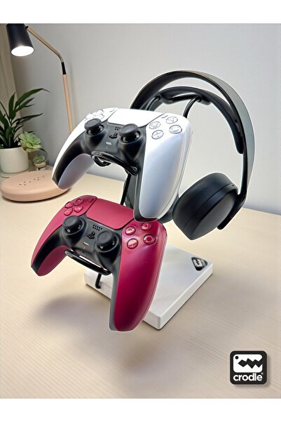 Crodle Beyaz Ahşap Ve Siyah Metal Gaming Ps4 Ps5 Xbox Joystick Kontroller Tutucu Ve Kulaklık Dikey Standı