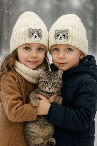 byebruketenci Beretă albă din lână pentru copii și adolescenți, cu figurină p...