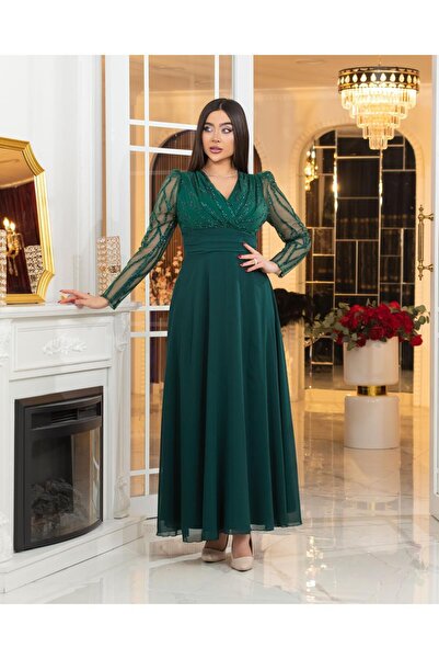 CAREZZA Miren - Tül Kollu Drapeli Abiye - Zümrüt Yeşili