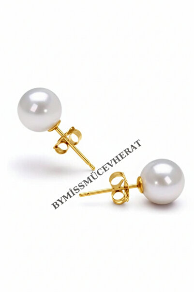 bymissmücevherat Işıltılı 925 Ayar Gümüş İnci Küpe Gold Renk 10 Mm