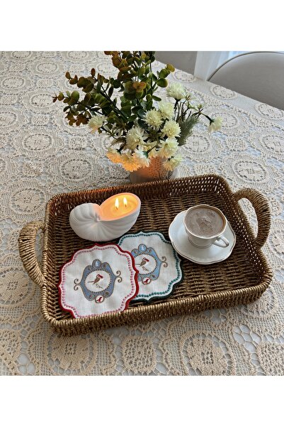 ToffyStore 6-Piece Cocktail Presentation Napkin with Embroidered Edges - Red