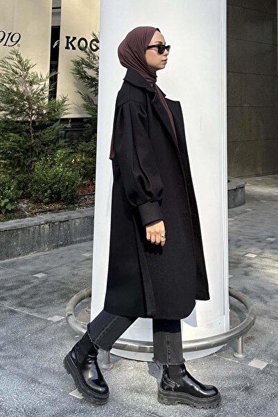 lamelif Black Knitted Stamp - Balloon Sleeve Coat