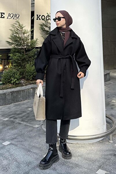lamelif Black Knitted Stamp - Balloon Sleeve Coat