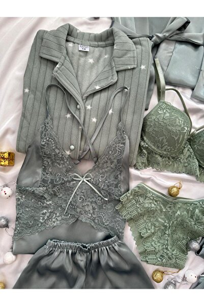 Lena Homewears Çağla Satin Boxed 10 Piece Giant Pajamas Nightgown Dressing Gown Lingerie Dowry Set