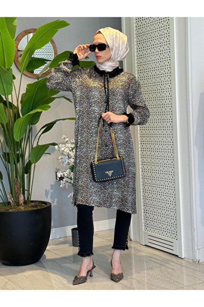 Tığ Triko Triko Fırfır Detaylı Hakim Yakalı Maxi Tunik - Siyah