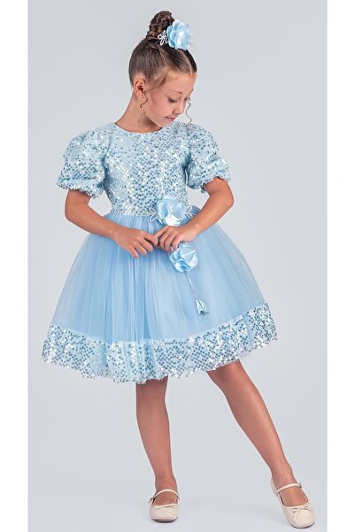 Mnk Baby&Kids Kız Çocuk Etek Ucu Pullu Venna Abiye Elbise M00761 MAVİ