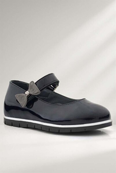 Rakerplus Balerini pentru fete din piele naturală, neagră, lacuită, cu detali...