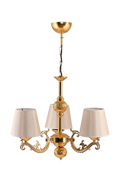 DEDE Üç Kollu Riga Zamak Avize Gold Abajur Şapkalı