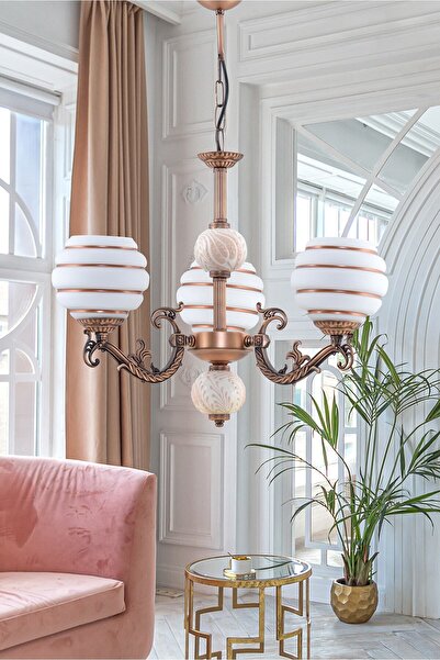 DEDE Üç Kollu Zamak Avize Bakır Krem Çinili Kahverengi Çizgili Beyaz Camlı