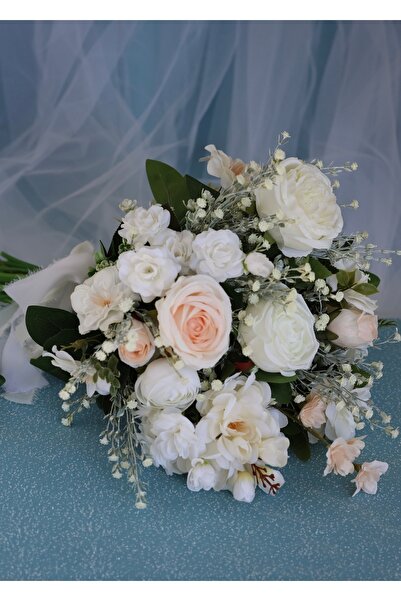 DUGİNA Trend Gerçek Görünüm Büyük Gelin Buketi Pudra Beyaz Gül Kır Çiçekleri ...